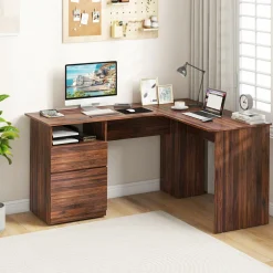 Tangkula L-Shaped Desk with 2 Storage Drawers, 59” Corner Computer Desk with File Drawer & Open Shelf