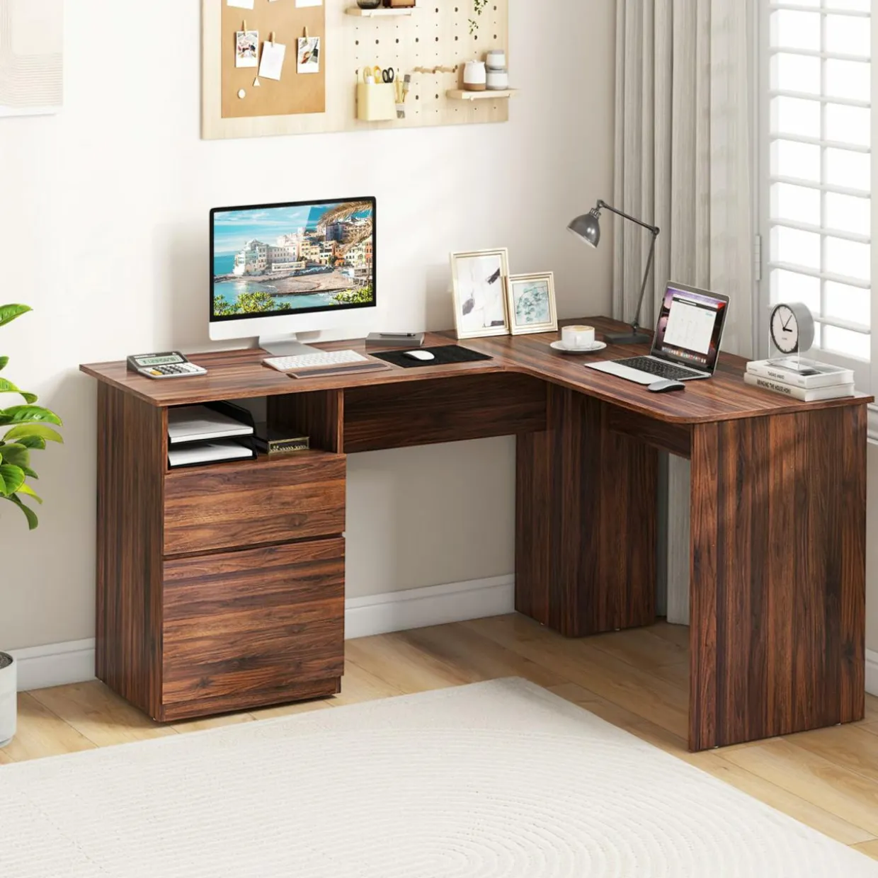 Tangkula L-Shaped Desk with 2 Storage Drawers, 59” Corner Computer Desk with File Drawer & Open Shelf
