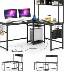 Tangkula L-Shaped Desk with Power Outlet, Large Corner Desk Converts to 2-Person Long Desk with Hutch