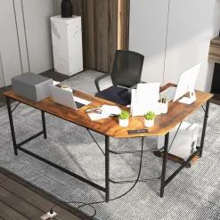 Tangkula L-Shaped Office Desk, L Shaped Corner Desk with Power Outlets, USB Ports