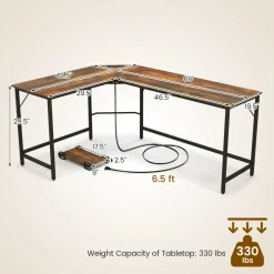 Tangkula L-Shaped Office Desk, L Shaped Corner Desk with Power Outlets, USB Ports