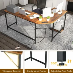 Tangkula L-Shaped Office Desk, L Shaped Corner Desk with Power Outlets, USB Ports