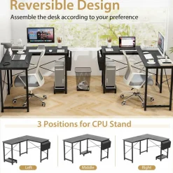 Tangkula L-Shaped Office Desk, Modern Reversible Computer Desk with Storage Pocket & CPU Stand (Dark Gray)