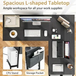 Tangkula L-Shaped Office Desk, Modern Reversible Computer Desk with Storage Pocket & CPU Stand (Dark Gray)