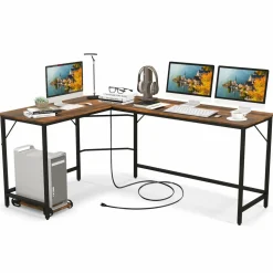 Tangkula L-Shaped Office Desk, L Shaped Corner Desk with Power Outlets, USB Ports