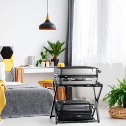 Tangkula Luggage Rack , Folding Metal Suitcase Luggage Stand, Double Tiers Luggage Holder with Shoe Shelf