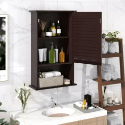 Tangkula Medicine Cabinet, Wall Mounted Bathroom Cabinet Single Door Wooden