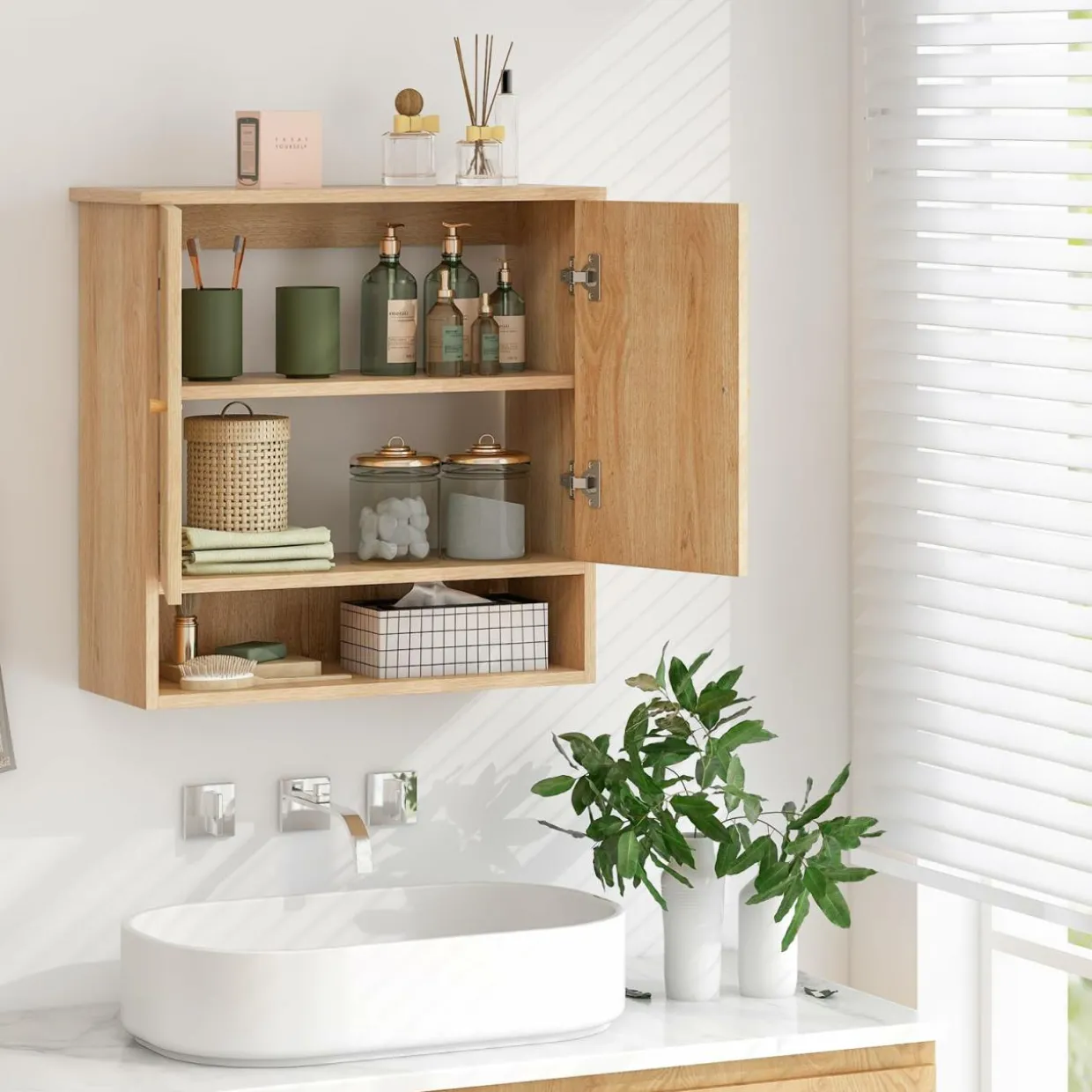 Tangkula Medicine Cabinet w/ 2 Rattan Doors, Wall Mounted Bathroom Cabinet Over The Toilet(No Back, Natural)