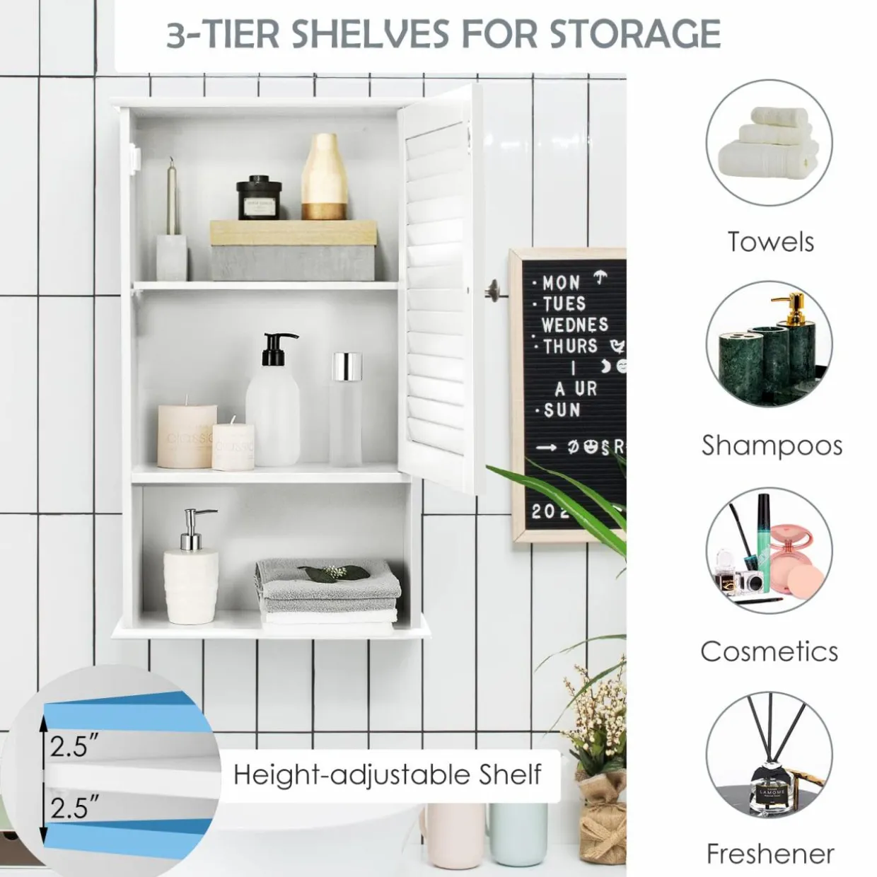 Tangkula Medicine Cabinet, Wall Mounted Bathroom Cabinet Single Door Wooden Bathroom Wall Cabinet with Adjustable Shelf