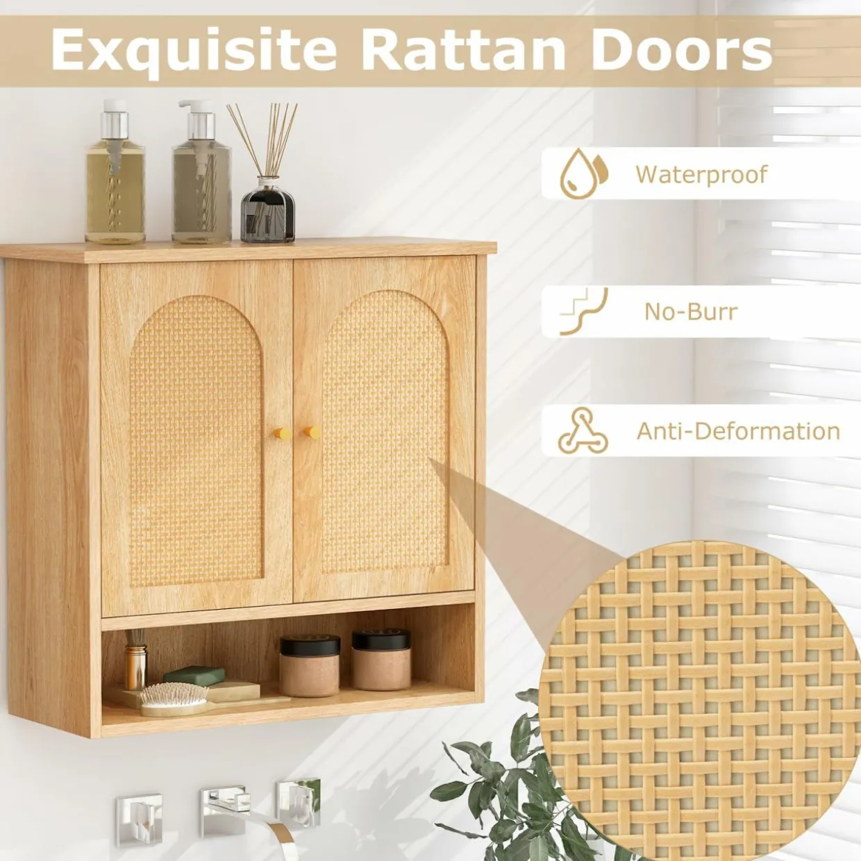 Tangkula Medicine Cabinet w/ 2 Rattan Doors, Wall Mounted Bathroom Cabinet Over The Toilet(No Back, Natural)