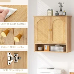 Tangkula Medicine Cabinet w/ 2 Rattan Doors, Wall Mounted Bathroom Cabinet Over The Toilet(No Back, Natural)