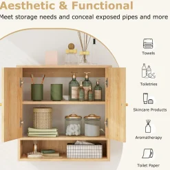 Tangkula Medicine Cabinet w/ 2 Rattan Doors, Wall Mounted Bathroom Cabinet Over The Toilet(No Back, Natural)