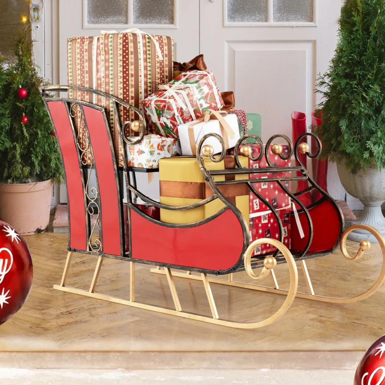 Tangkula Metal Christmas Santa Sleigh Basket, Xmas Festival Holiday Decorative Santa