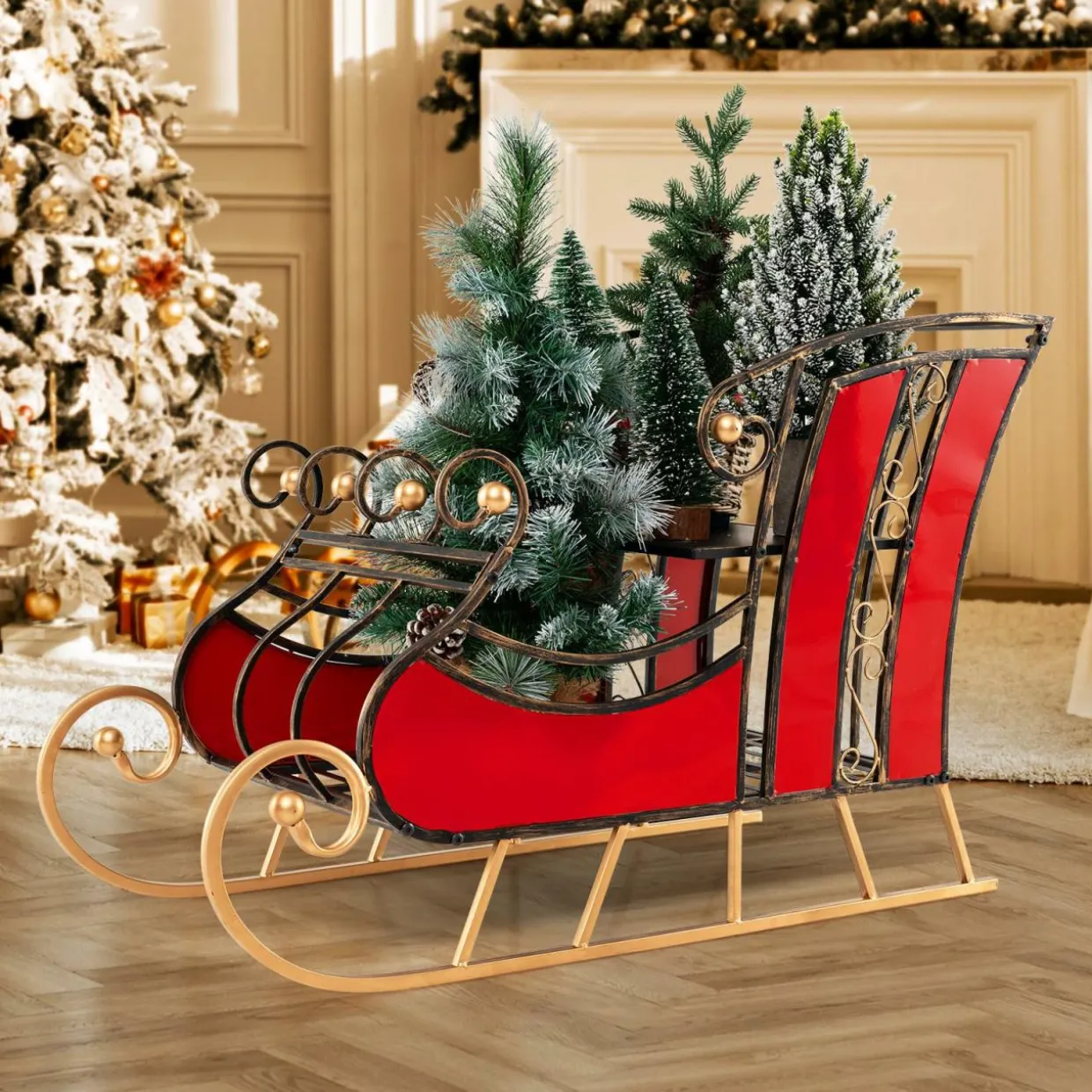 Tangkula Metal Christmas Santa Sleigh Basket, Xmas Festival Holiday Decorative Santa