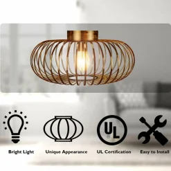 Tangkula Metal Flush Mount Ceiling Light, Antique Brass Metal Ceiling Pendant Light with Strong Arc Iron Lamp-shade