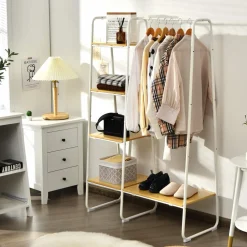 Tangkula Metal Garment Rack, Free Standing Closet Storage Organizer w/ 5 Shelves & Hanging Bar