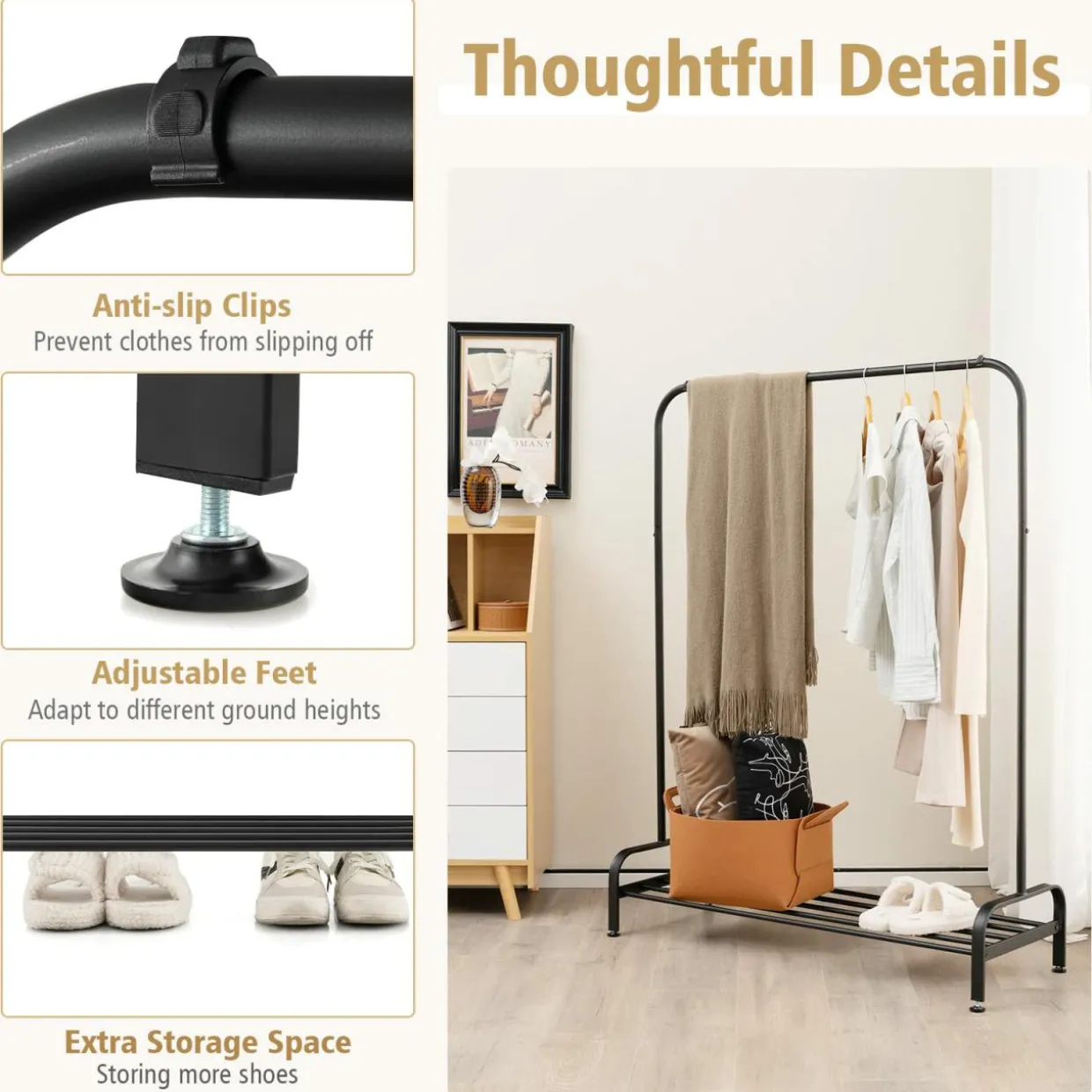 Tangkula Metal Garment Rack, 44" Clothing Rack with Top Rod and Lower Storage Shelf