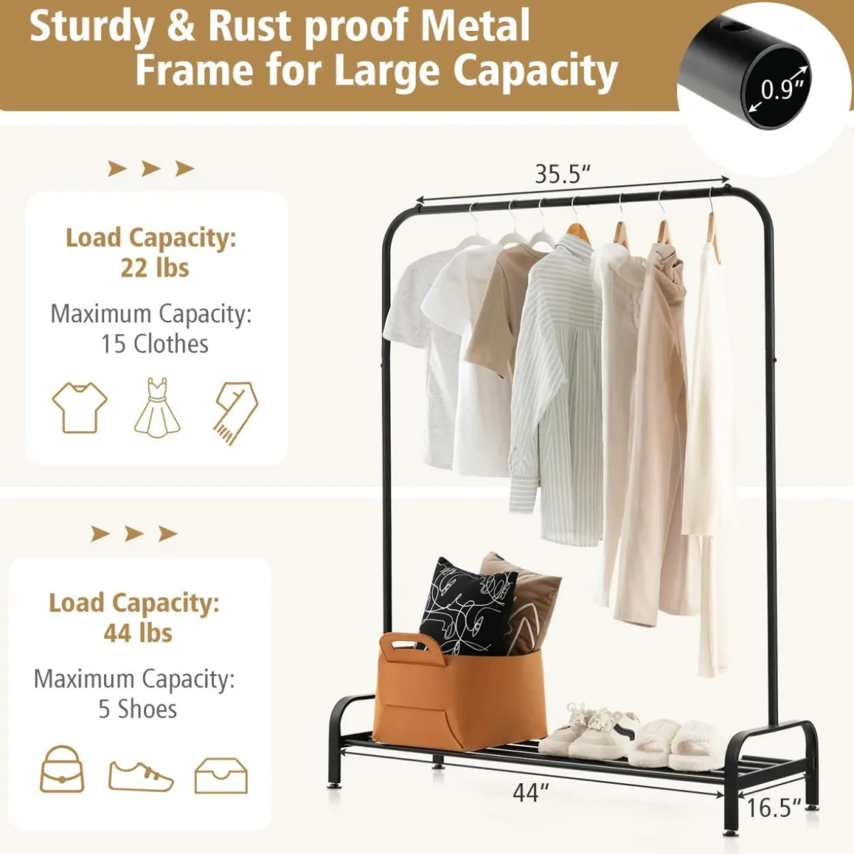 Tangkula Metal Garment Rack, 44" Clothing Rack with Top Rod and Lower Storage Shelf