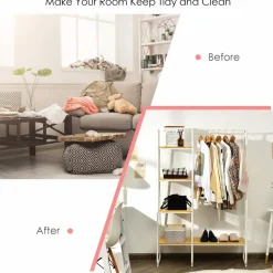 Tangkula Metal Garment Rack, Free Standing Closet Storage Organizer w/ 5 Shelves & Hanging Bar