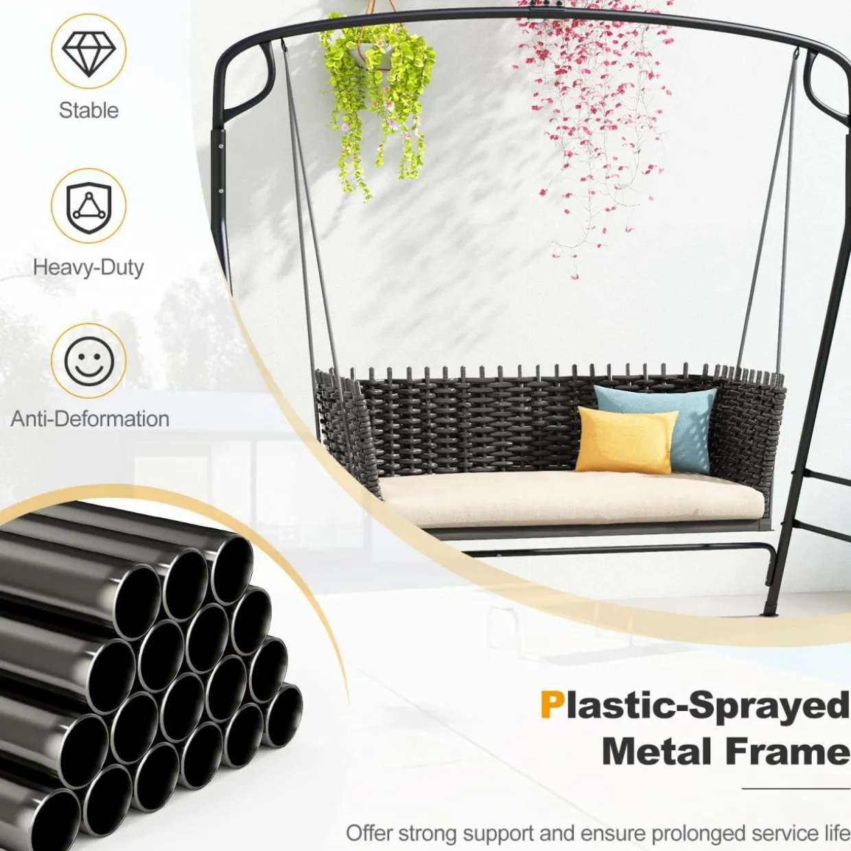 Tangkula Metal Swing Frame, Porch Swing Stand with Extra Side Bars, 3-Ring Design, Heavy Duty Swing Frame Outdoor for Swing