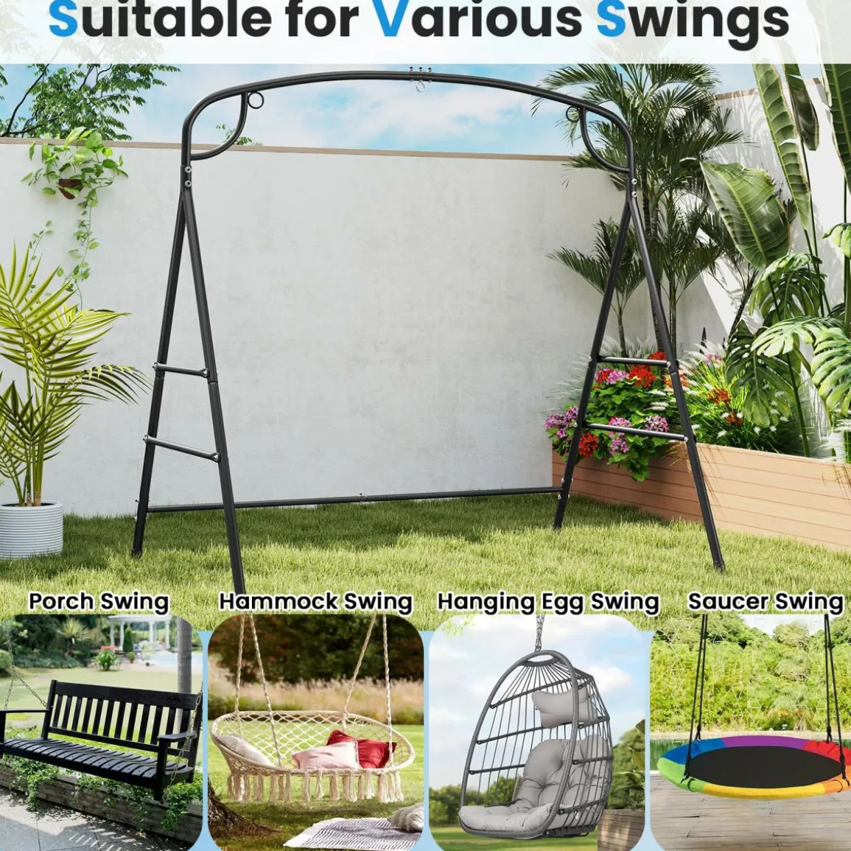 Tangkula Metal Swing Frame, Porch Swing Stand with Extra Side Bars