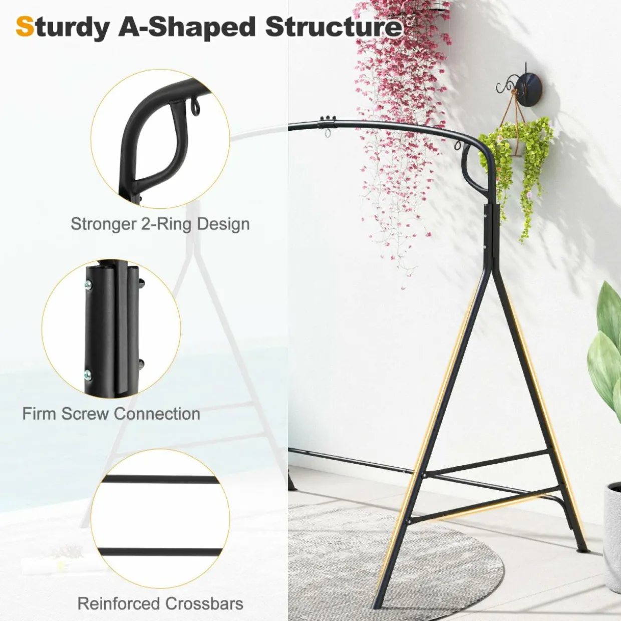 Tangkula Metal Swing Frame, Porch Swing Stand with Extra Side Bars, 3-Ring Design, Heavy Duty Swing Frame Outdoor for Swing