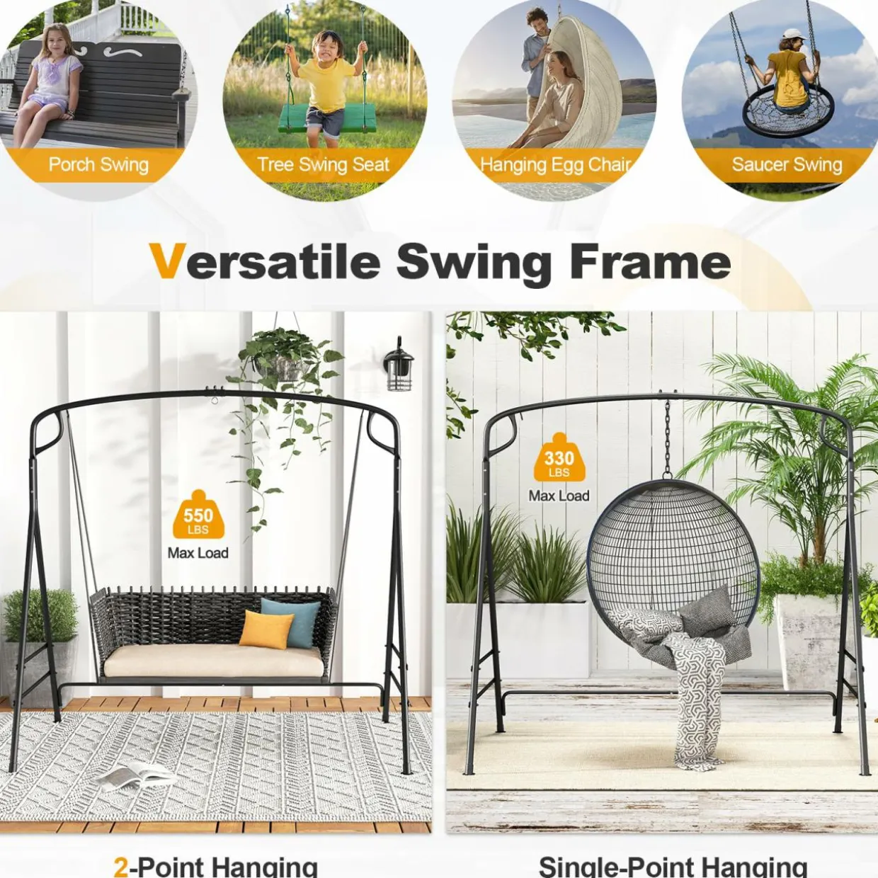 Tangkula Metal Swing Frame, Porch Swing Stand with Extra Side Bars, 3-Ring Design, Heavy Duty Swing Frame Outdoor for Swing