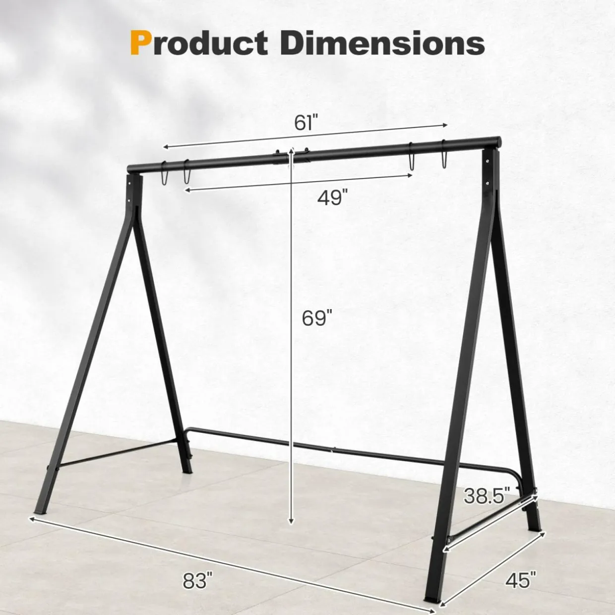 Tangkula Metal Swing Frame, Porch Swing Stand with Extra Side Bars, 5 Hanging Rings