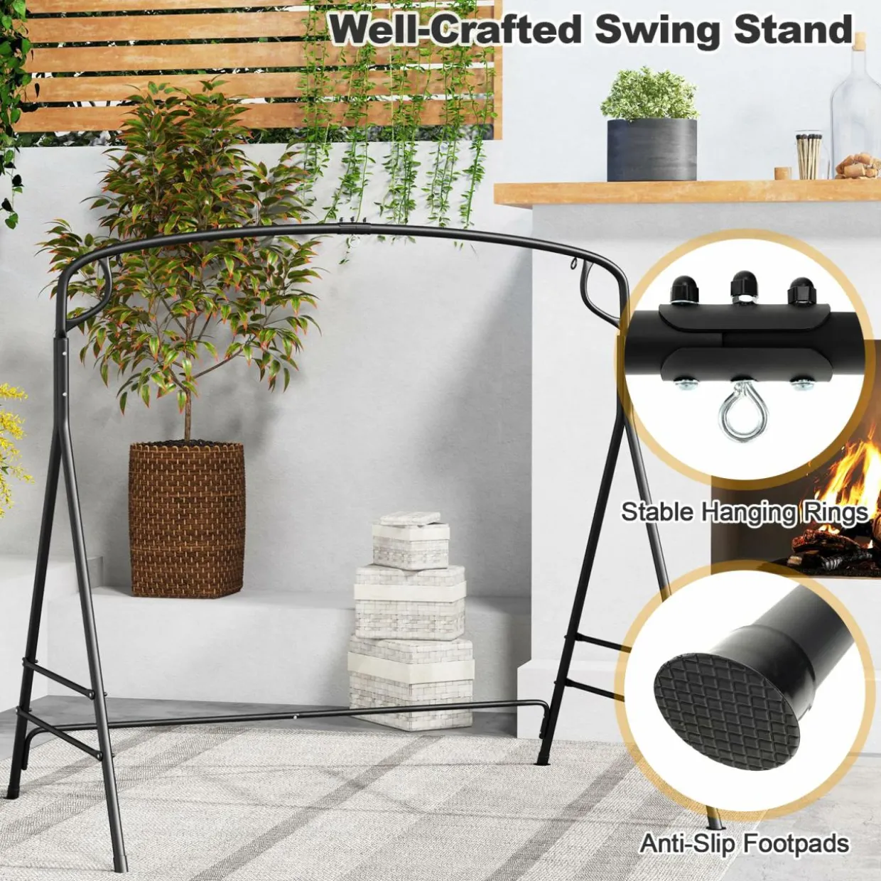 Tangkula Metal Swing Frame, Porch Swing Stand with Extra Side Bars, 3-Ring Design, Heavy Duty Swing Frame Outdoor for Swing