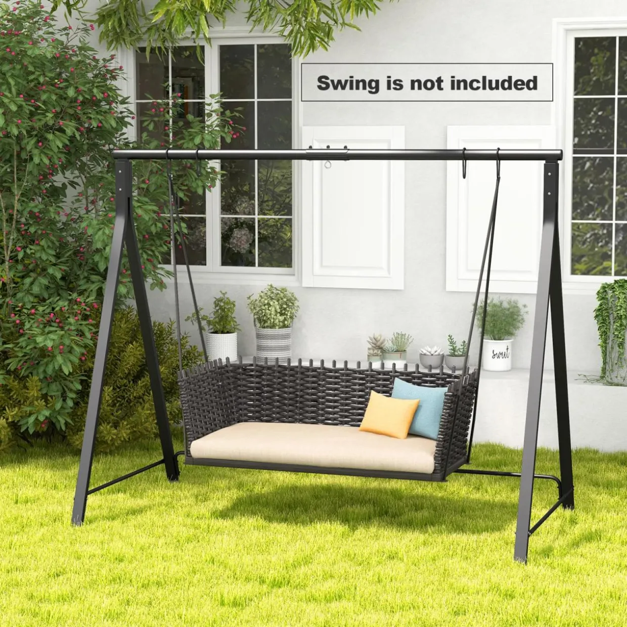 Tangkula Metal Swing Frame, Porch Swing Stand with Extra Side Bars, 5 Hanging Rings