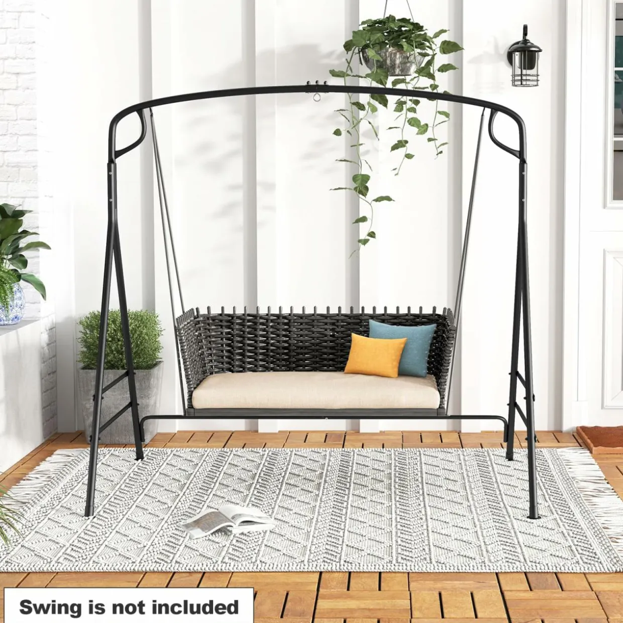 Tangkula Metal Swing Frame, Porch Swing Stand with Extra Side Bars, 3-Ring Design, Heavy Duty Swing Frame Outdoor for Swing