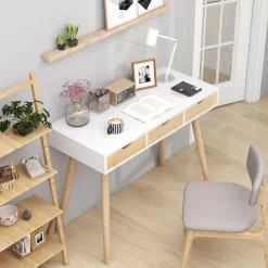Tangkula Mid Century Desk with 3 Drawers, Home Office Writing Desk with Storage