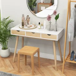 Tangkula Mid Century Desk with 3 Drawers, Home Office Writing Desk with Storage