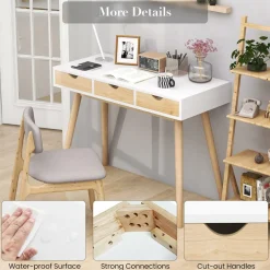 Tangkula Mid Century Desk with 3 Drawers, Home Office Writing Desk with Storage