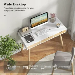 Tangkula Mid Century Desk with 3 Drawers, Home Office Writing Desk with Storage