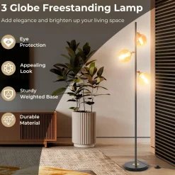 Tangkula Mid Century Floor Lamp, Modern Freestanding Lamp with 3 Glass Globe Lampshades