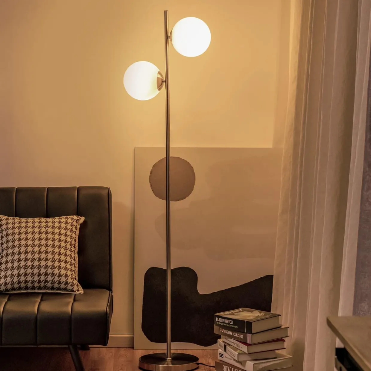 Tangkula Mid Century Globe Floor Lamp with 2 LED Bulbs for Living Room