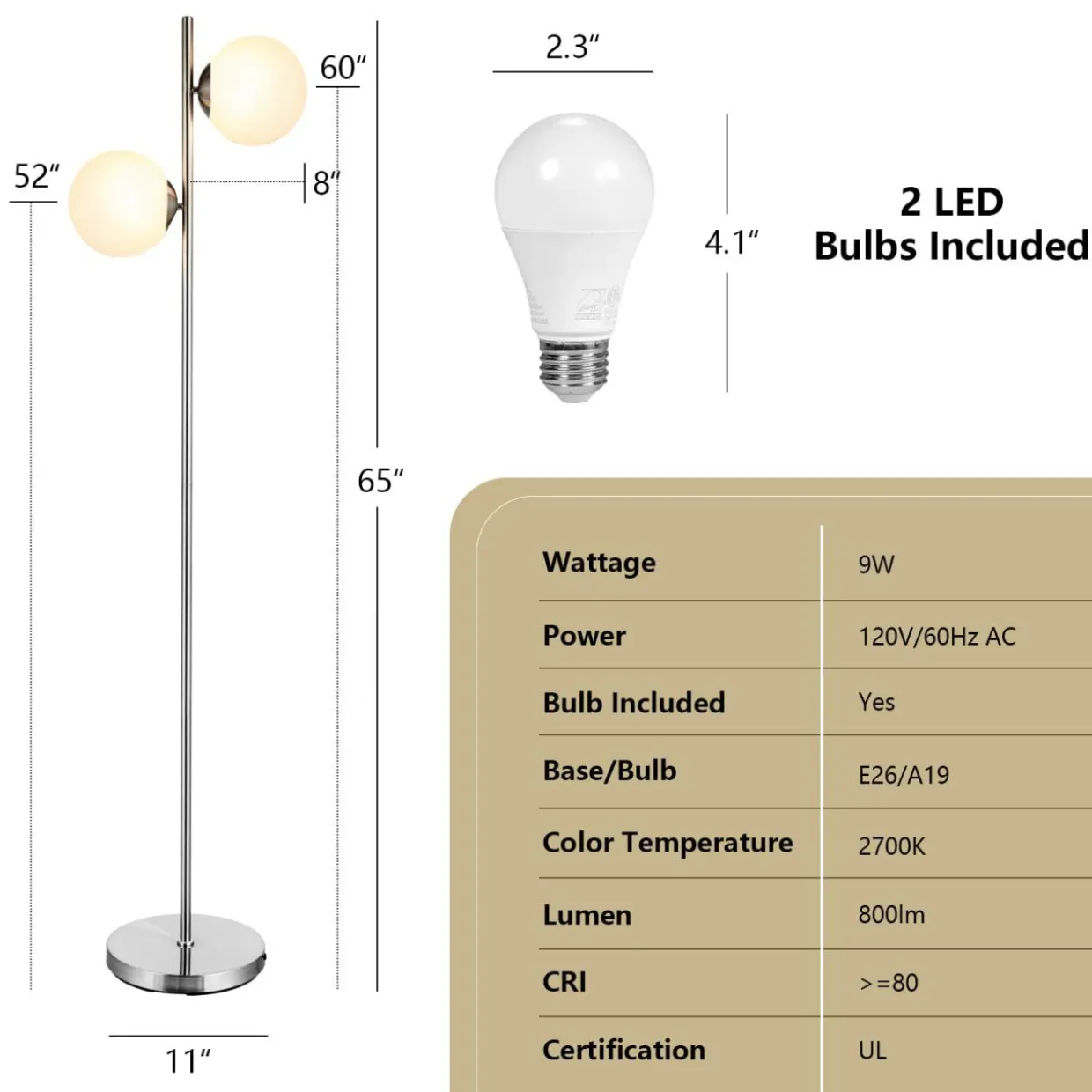 Tangkula Mid Century Globe Floor Lamp with 2 LED Bulbs for Living Room
