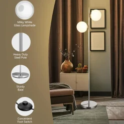 Tangkula Mid Century Globe Floor Lamp with 2 LED Bulbs for Living Room