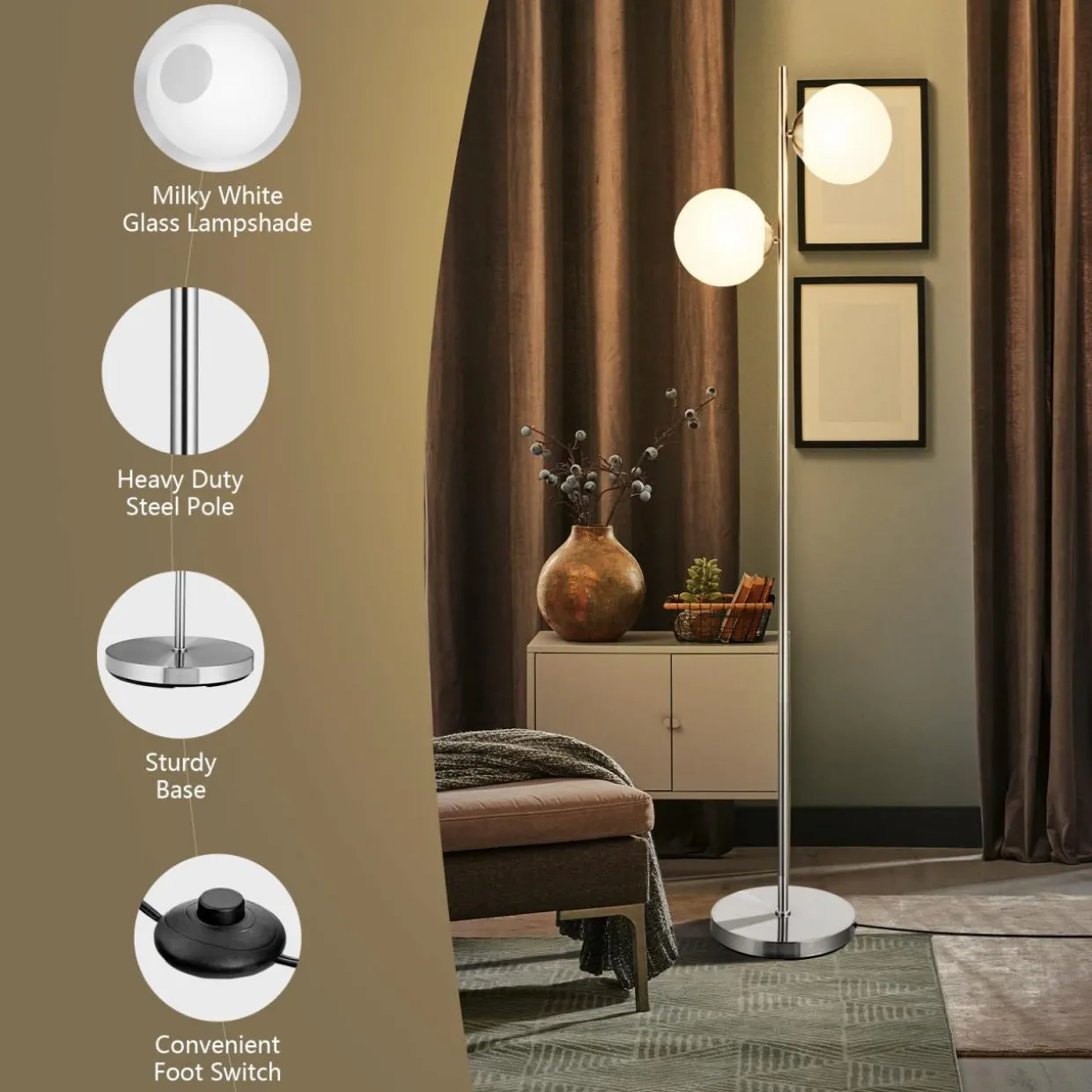 Tangkula Mid Century Globe Floor Lamp with 2 LED Bulbs for Living Room