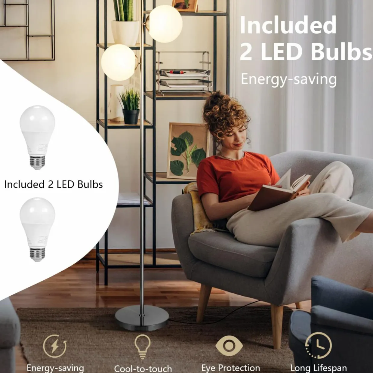 Tangkula Mid Century Globe Floor Lamp with 2 LED Bulbs for Living Room