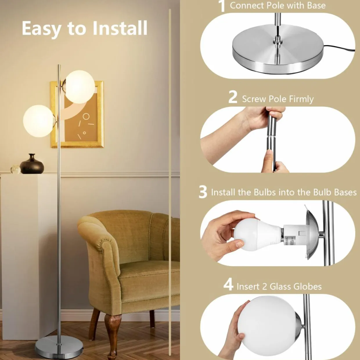 Tangkula Mid Century Globe Floor Lamp with 2 LED Bulbs for Living Room