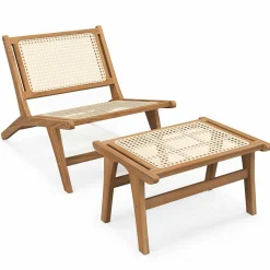 Tangkula Mid Century Modern Accent Chair with Ottoman, Farmhouse Handwoven Rattan Living Room Chair with Teak Wooden Frame for Indoor