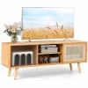 Tangkula Mid Century Modern TV Stand for TVs up to 55 Inch, Bamboo Entertainment Center w/PE Rattan & Tempered Glass Sliding Doors