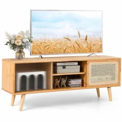 Tangkula Mid Century Modern TV Stand for TVs up to 55 Inch, Bamboo Entertainment Center w/PE Rattan & Tempered Glass Sliding Doors