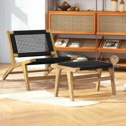 Tangkula Mid Century Modern Accent Chair with Ottoman, Farmhouse Handwoven Cordage Living Room Chair
