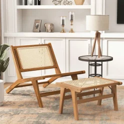 Tangkula Mid Century Modern Accent Chair with Ottoman, Farmhouse Handwoven Rattan Living Room Chair with Teak Wooden Frame for Indoor
