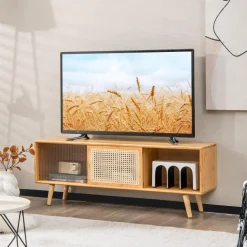 Tangkula Mid Century Modern TV Stand for TVs up to 55 Inch, Bamboo Entertainment Center w/PE Rattan & Tempered Glass Sliding Doors