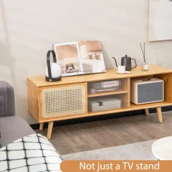 Tangkula Mid Century Modern TV Stand for TVs up to 55 Inch, Bamboo Entertainment Center w/PE Rattan & Tempered Glass Sliding Doors
