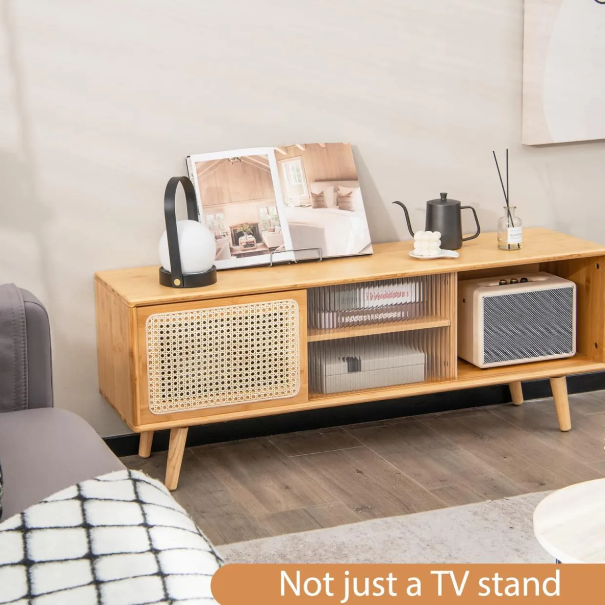 Tangkula Mid Century Modern TV Stand for TVs up to 55 Inch, Bamboo Entertainment Center w/PE Rattan & Tempered Glass Sliding Doors